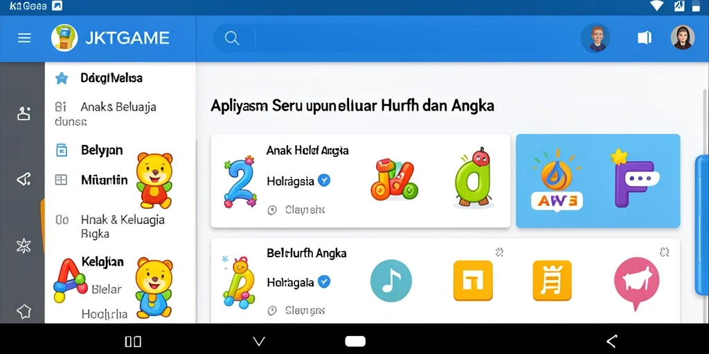 Antarmuka aplikasi JKTGAME yang interaktif dan menarik untuk belajar huruf dan angka.